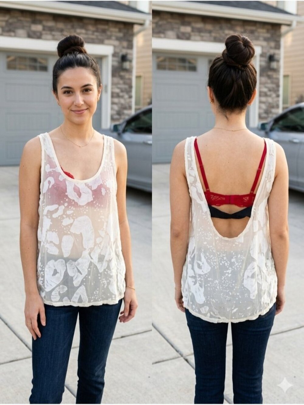 PJK Patterson J Kincaid Sheer Burnout Tank Top Cream Small Deep Back Whimsigoth